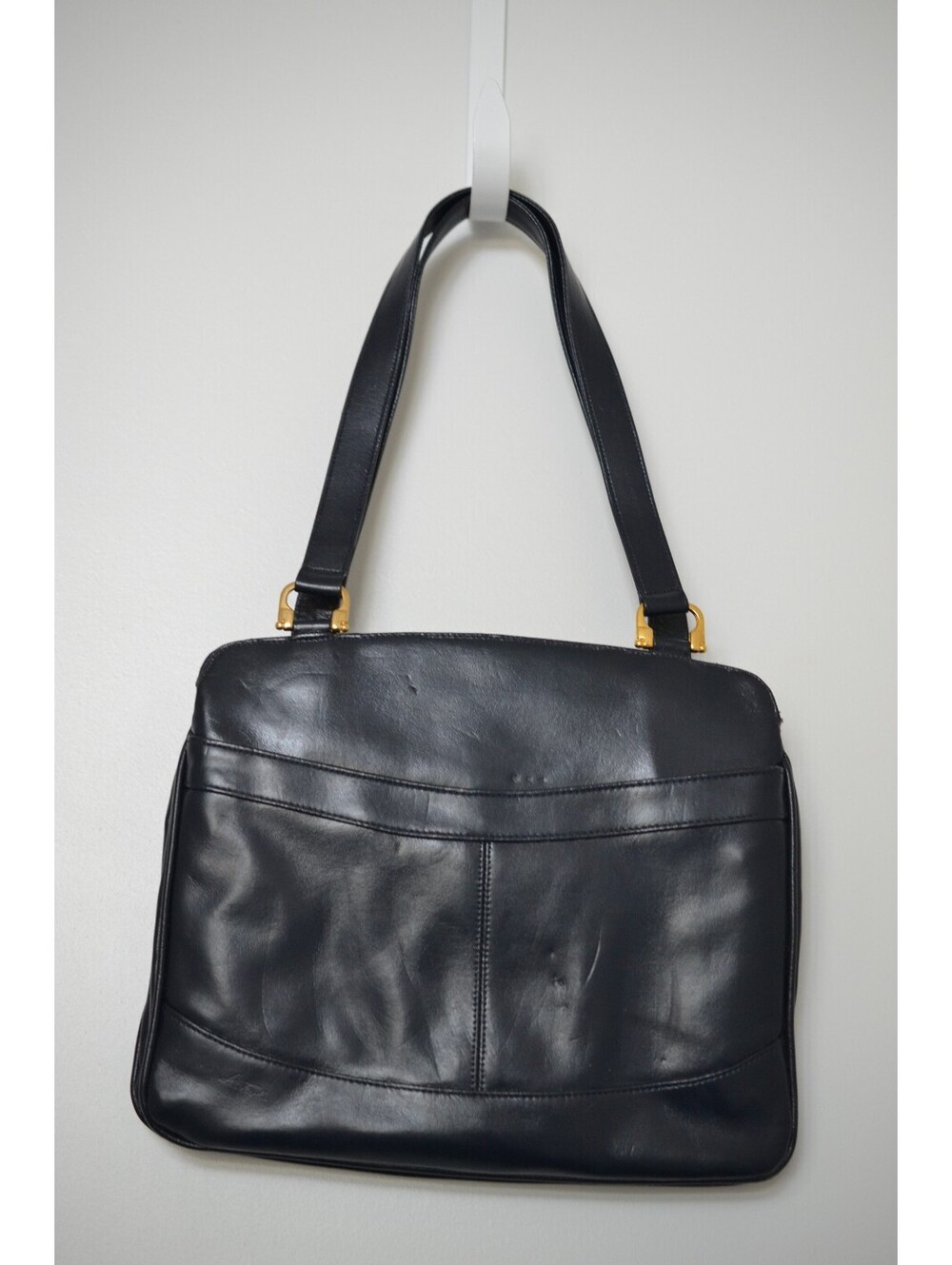Vintage Lou Taylor Navy Blue Leather Handbag Purse Built In Vanity Mirror